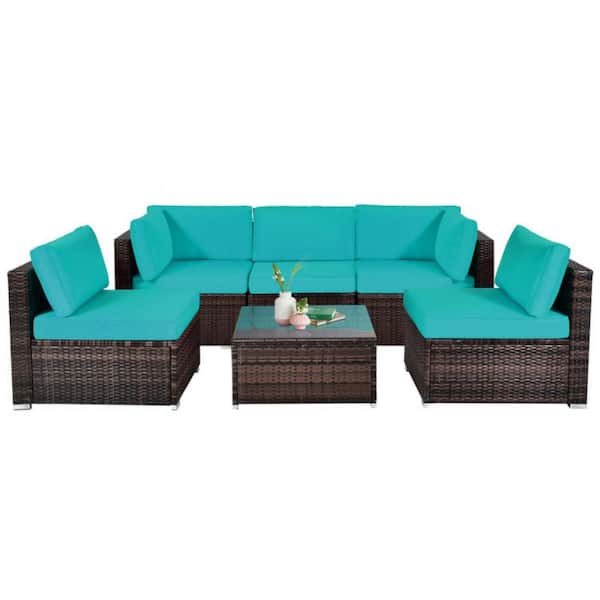 Clihome 6-Piece Wicker Patio Conversation Set Outdoor Rattan Sofa Set with Turquoise Cushions for Garden