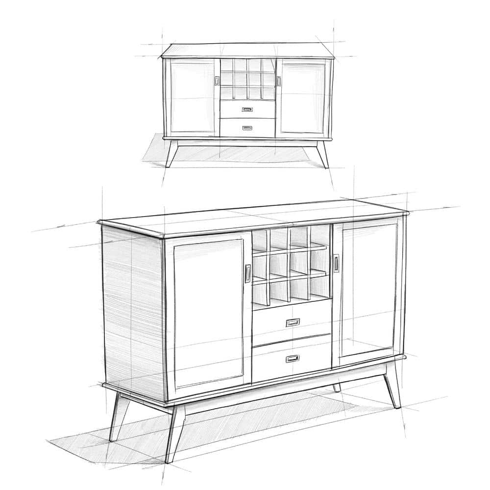 54'' Medium Auburn Brown Solid Hardwood Mid-Century Modern Sideboard