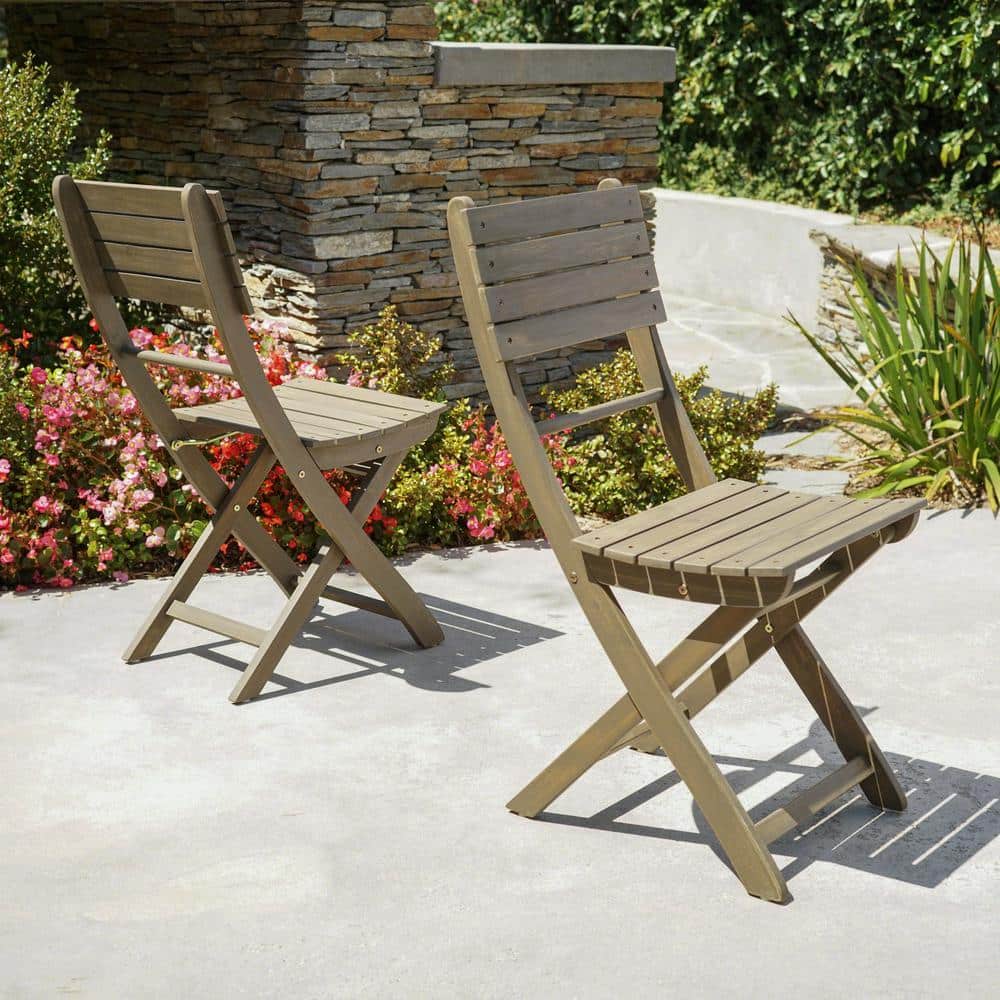 Gray Acacia Wood Outdoor Folding Dining Chairs, Set of 2