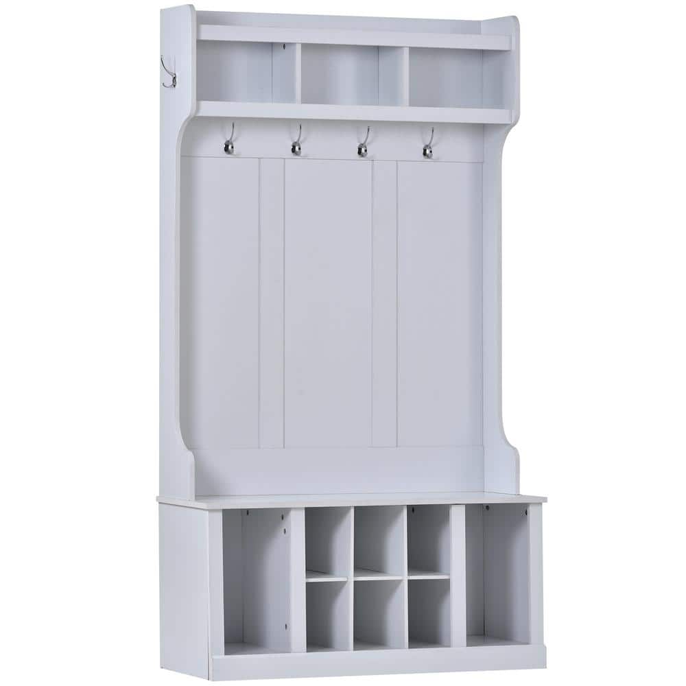 White Solid Wood Hall Tree with Storage and Hooks