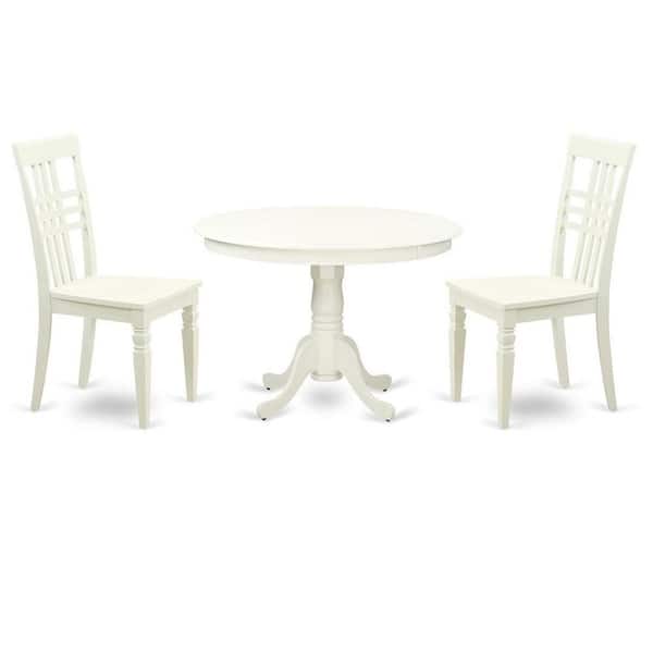 East West Furniture 3-Piece Round Linen White Finish Solid Wood Top Dining Table with 2 Chairs with Lattice Back