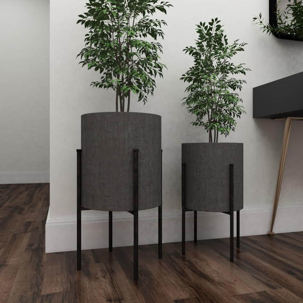Modern Gray Iron Planters Set of 2 with Removable Stand - Indoor/Outdoor