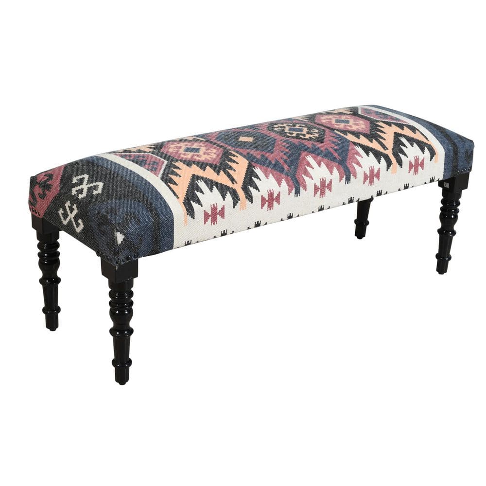 Southwestern Multicolor Fabric Upholstered Backless Bench with Wood Legs