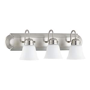 Traditional 24 in. W 3-Lights Satin Nickel Vanity Light with Satin Opal Glass