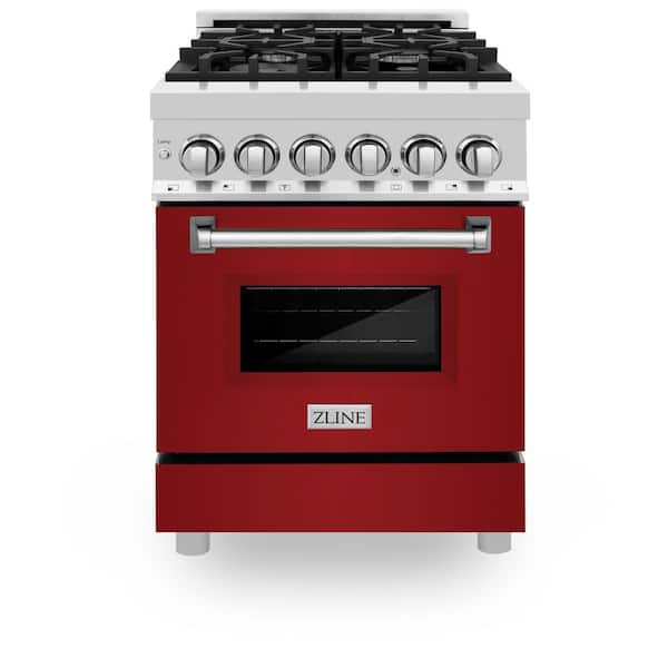 ZLINE Kitchen and Bath 24" 2.8 cu. ft. Dual Fuel Range with Gas Stove and Electric Oven in Stainless Steel and Red Gloss Door