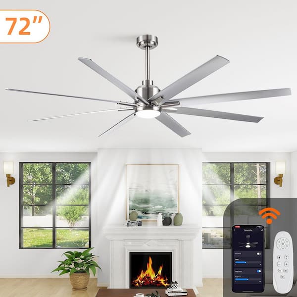 72 in. Brushed Nickel Smart Ceiling Fan with Silver Blades with Integrated LED Light Included with Remote,Downrod Mount