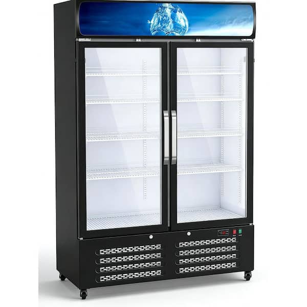 28 Cu Ft Commercial Beverage Refrigerators 2 Doors, Merchandiser Display Fridge with Built-in LED Light Black