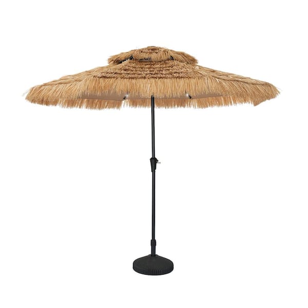 Mondawe 10 ft. Thatched Tiki Beach Umbrella 2-Tier Patio Umbrella with LED Light and Umbrella Base in Natural Color