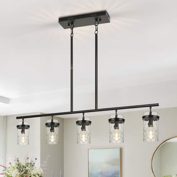 Kinlea 5-Light Black Modern Cylinder Chandelier with Clear Hammered Glass Shades for Kitchen Island, Bedroom