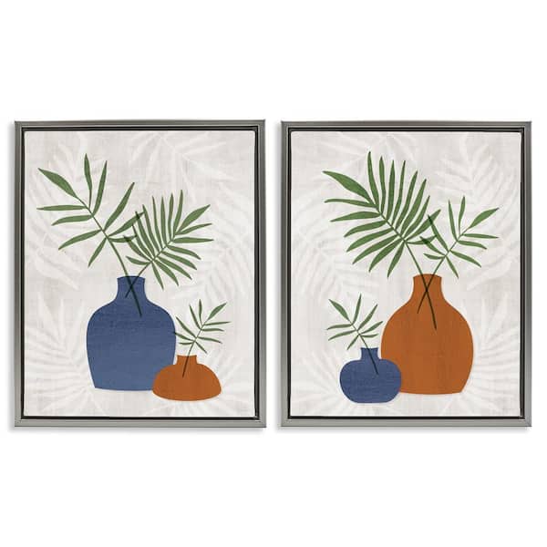 Stupell Industries Midcentury Palm Vases by Natalie Carpentieri 2-Pieces Gray Floater Frame Nature Graphic Art Print 21 in. x 17 in.