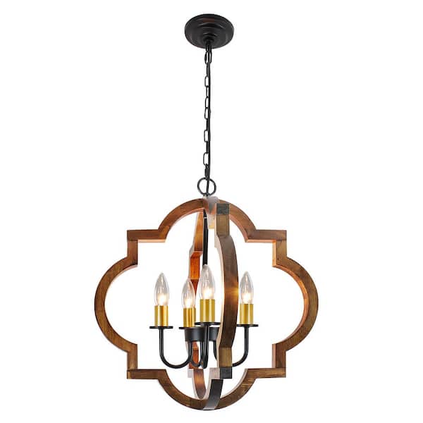 4-Light Farmhouse Wood Chandelier, 19.49 in. Rustic Original Wood Color Chandelier for Kitchen Island Over Dining Table