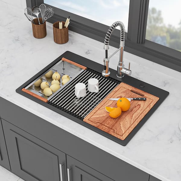 33 in. Drop-In Double Bowl (60/40) Black Quartz Kitchen Sink with Workstation