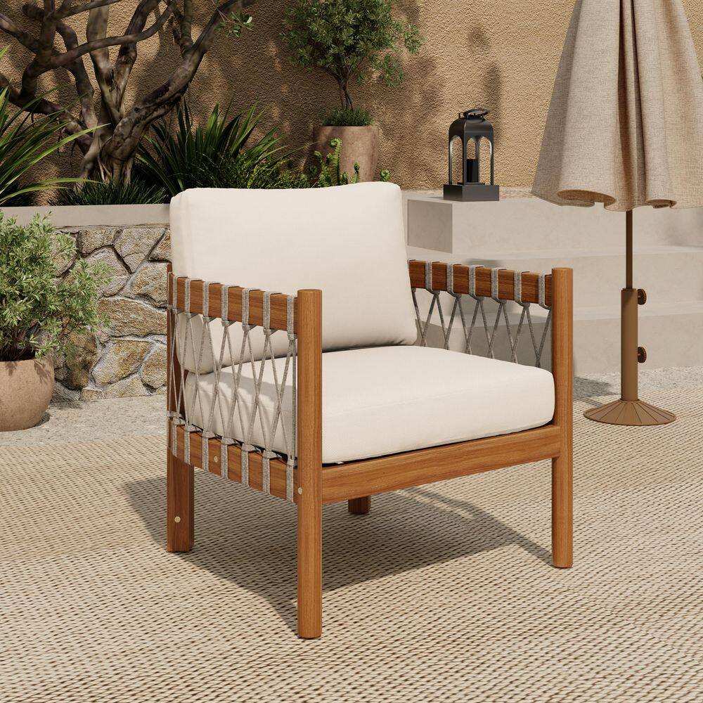 Kitty Teak Finish Solid Wood and Handwoven Rope Patio Outdoor Lounge Chair with Beige Cushions price history on PriceWatchPro