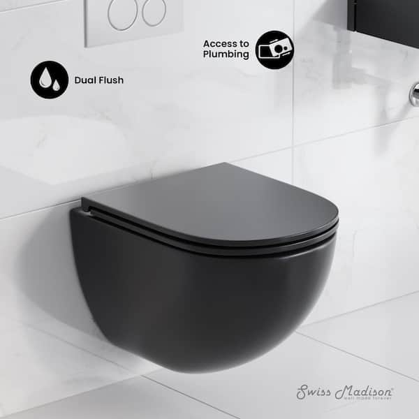St. Tropez Wall-Hung 1-Piece 1.28 GPF Dual Flush Elongated Toilet in Matte Black, Seat Included