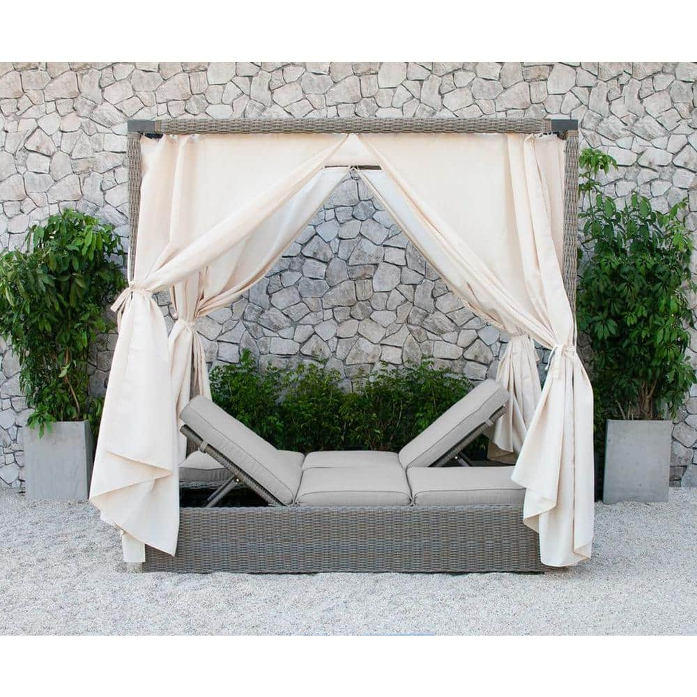 Renava Marin 3-Piece Wicker Outdoor Canopy Day Bed with Beige Cushions ...