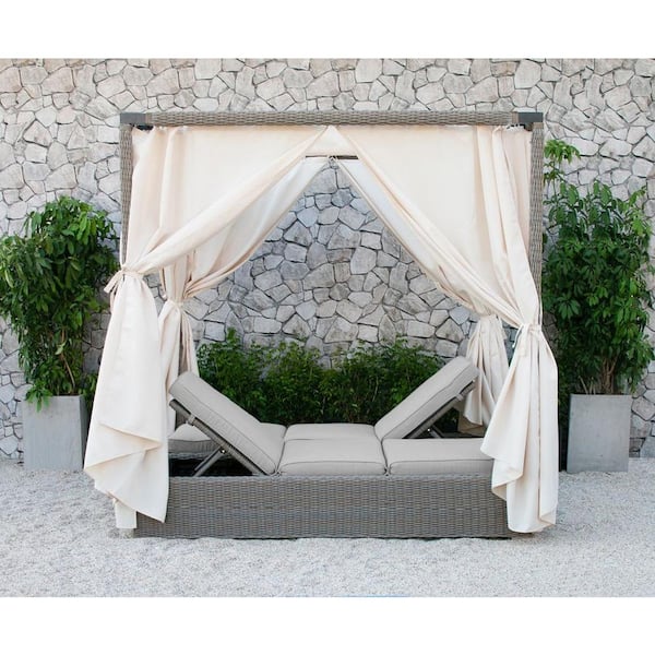 Unbranded Renava Marin 3-Piece Wicker Outdoor Canopy Day Bed with Beige Cushions
