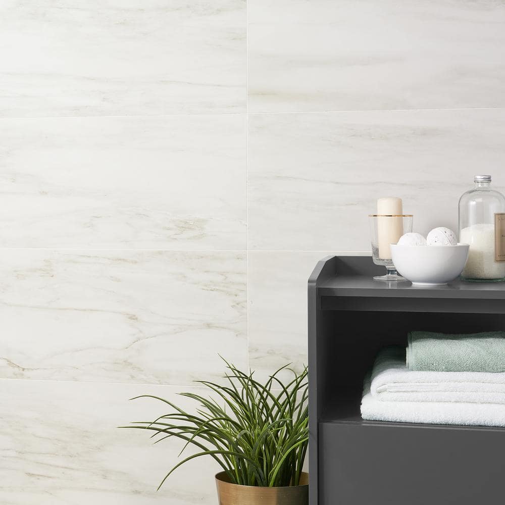 Saroshi 12" x 24" Matte White Marble Look Porcelain Tile
