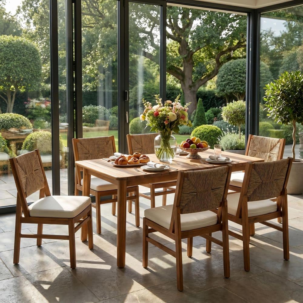 Bellor 7-Piece Teak Finish Acacia Wood Patio Outdoor Dining Set with Cream Cushions and Wicker-Back Chairs price history on PriceWatchPro