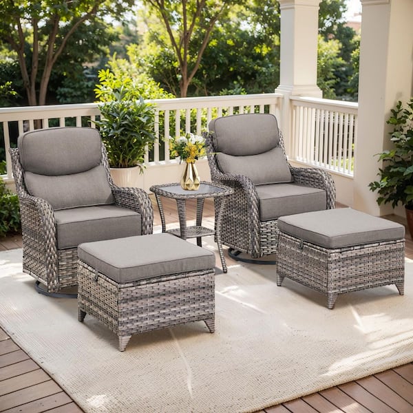Crescent Gray Swivel Glider Wicker Patio Conversation Set with Gray Olefin 6 In. Thick Cushions/Ottoman (5-Piece)