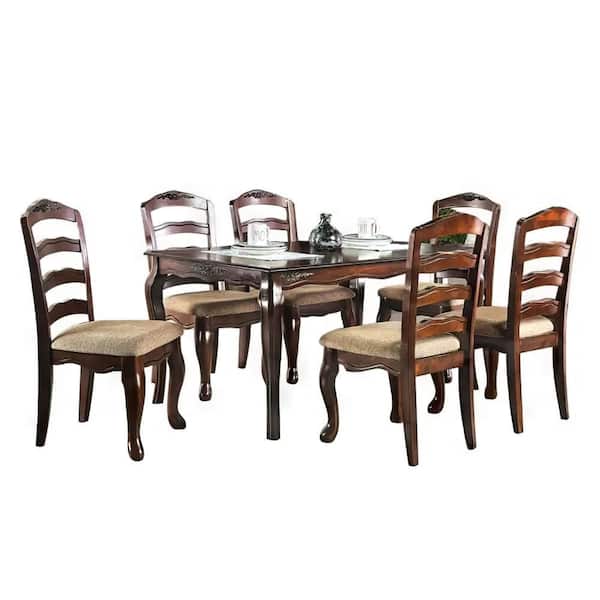 Benjara Viny 7-Piece Rectangle Dark Walnut Brown Wood Top 4-Legs Dining Table Set Seats 6