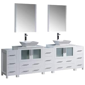 Torino 96 in. Double Vanity in White with Glass Stone Vanity Top in White with White Basins and Mirrors