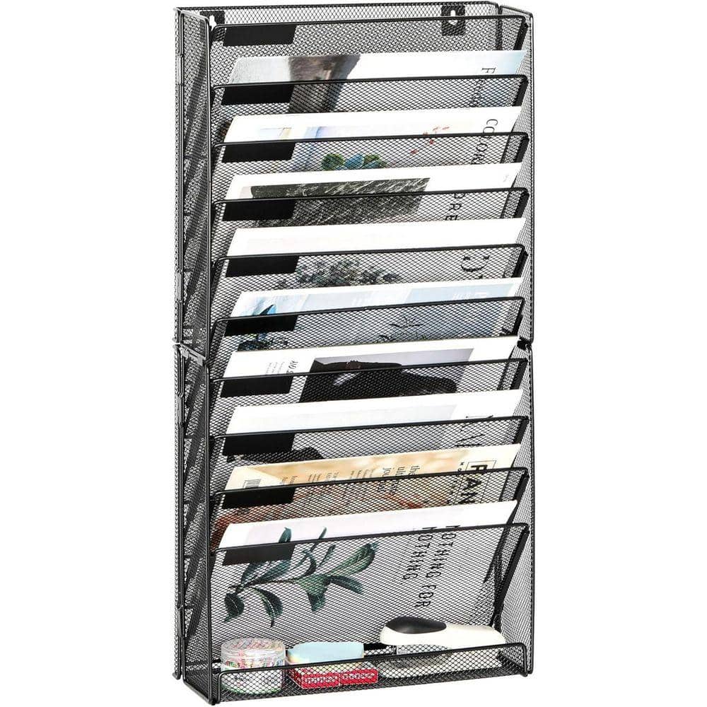 10-Tier Metal Mesh Wall Mounted Hanging Magazine Rack with Flat