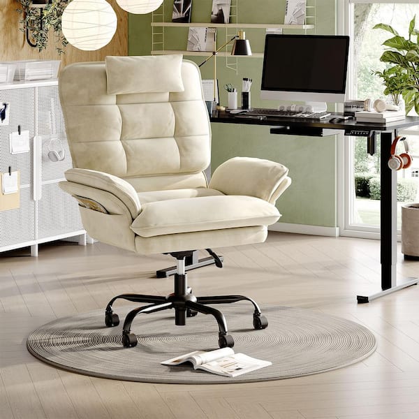 Bestier Velvet Seat High-Back Ergonomic Office Chair in Beige with Adjustable Padded Arms, Swivel Chair with Padded Headrest