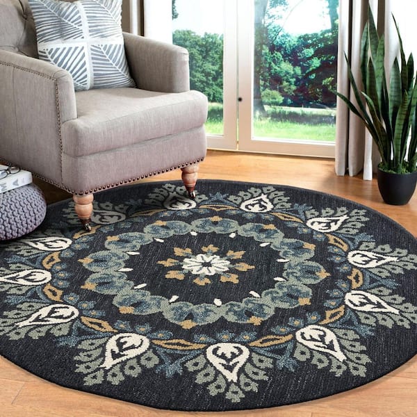 Daliah Medallion Charcoal/Teal 6 ft. x 6 ft. Pine Cone Floral Indoor Round Area Rug