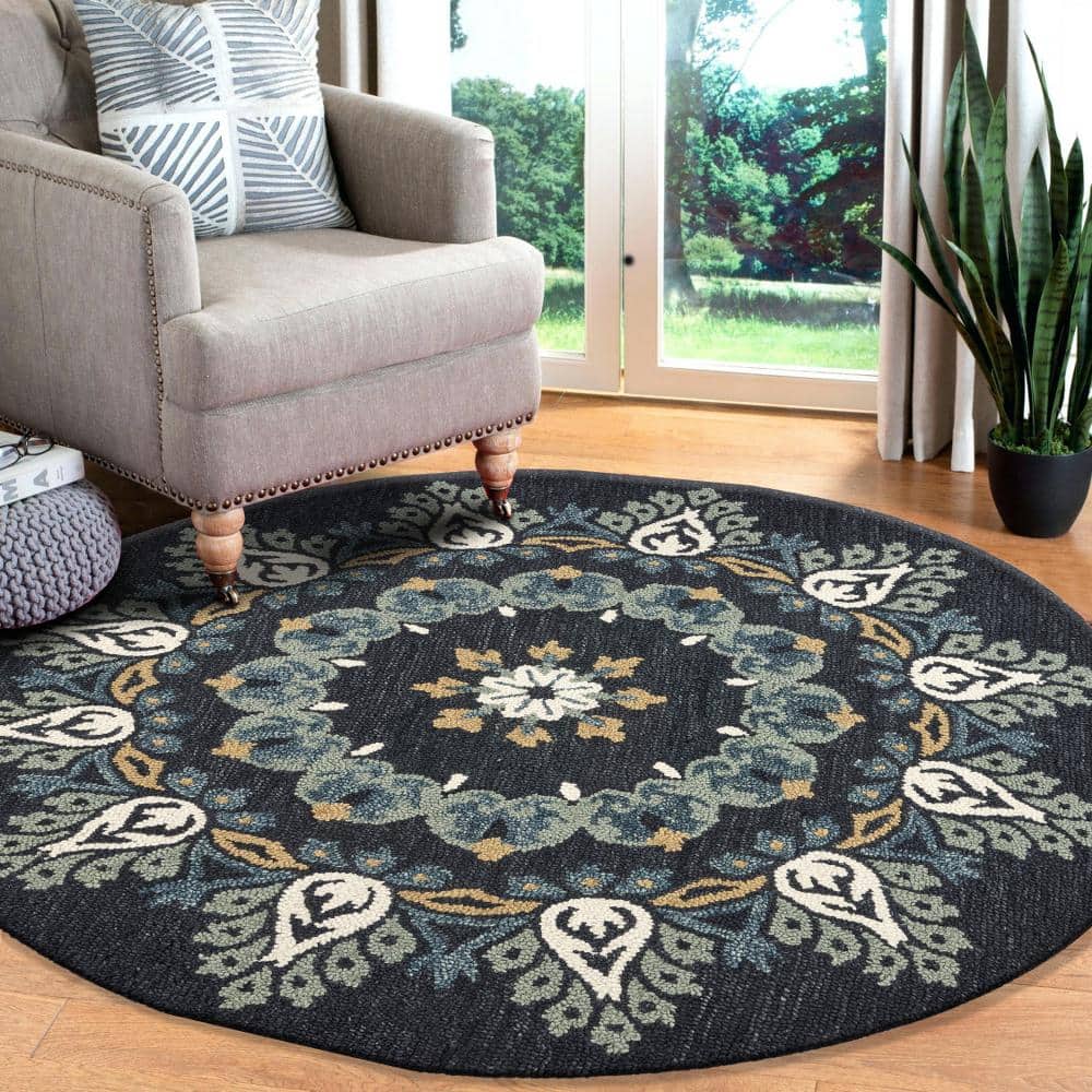 Handmade Gray Floral Wool Round Area Rug, 4 Feet