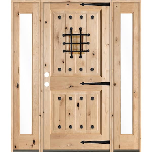 Krosswood Doors 58 in. x 80 in. Mediterranean Alder Sq-Top Clear Low-E Unfinished Wood Right-Hand Prehung Front Door with Full Sidelites