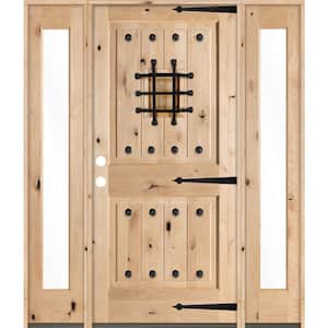 60 in. x 80 in. Mediterranean Alder Sq-Top Clear Low-E Unfinished Wood Right-Hand Prehung Front Door with Full Sidelites