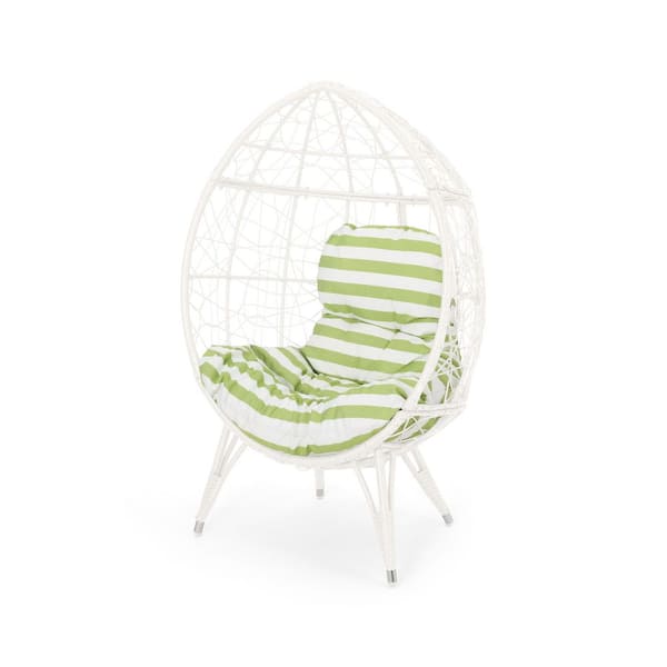 1-Person Iron Framed White Wicker Outdoor Chaise Lounge Egg Chair with Green Cushion