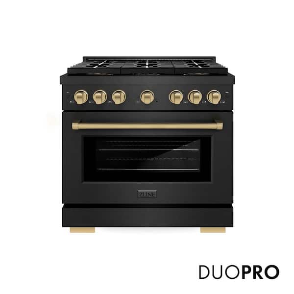 Autograph 36 in. 5.2 cu. ft. Paramount Dual Fuel Range with 6 Burner DuoPro Cooktop in Black Satin and Champagne Accents