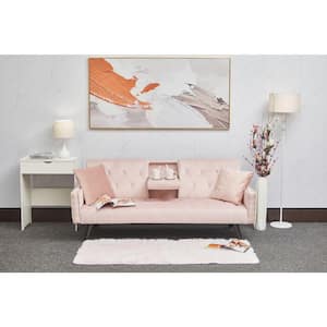 72.4 in. Width Pink Velvet Twin Size Sleeper Sofa Bed with Two Cup Holders, Nail Head Trim, One Pillow