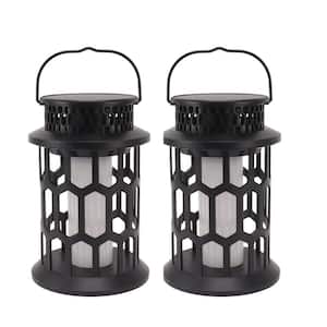 2 Pack Black ABS Plastic Solar Outdoor Lanterns Flickering Flame LED Lights Waterproof for Garden Patio Yard Pathway