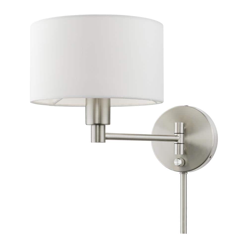 Transitional Brushed Nickel Swing Arm Wall Lamp with Off-White Shade