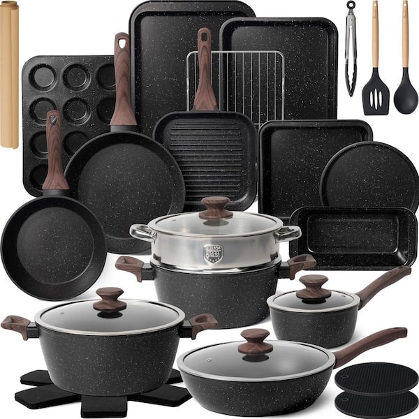 31-Piece Aluminum Nonstick Cooking Cookware Sets with Grill Pan Saucepan Baking Sheet in Black, Quick and Even Heating