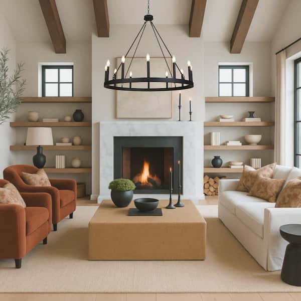 Modern 39.4 in. Large 12-Light Black Wagon Wheel Chandelier for Living Room Candlestick Chandelier Foyer Pendant
