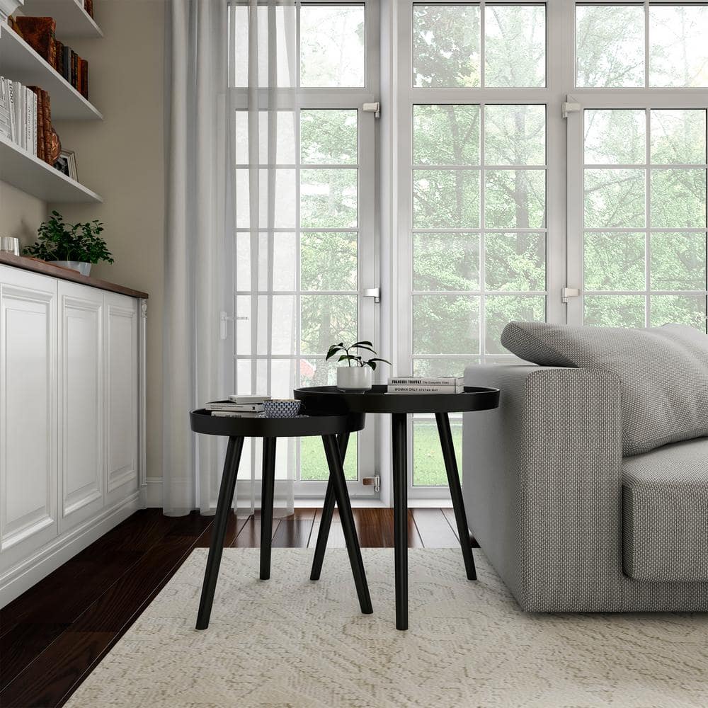 Black Round Nesting End Tables with Raised Lip, Set of 2