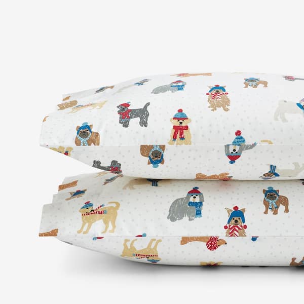 The Company Store Company Cotton White Multi Dogs in Winter Cotton Percale Standard Pillowcase (Set of 2)