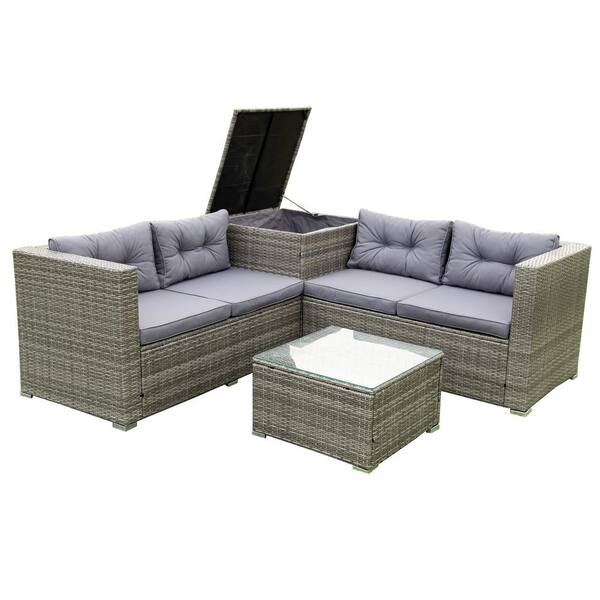 Otryad 4-Piece Wicker Patio Conversation Set with Cushion, Sectional Rattan Outdoor Furniture Sofa Set with Storage Box-Grey