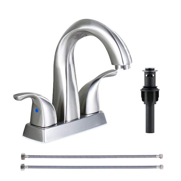 4 in. Centerset Double Handle High Arc Bathroom Faucet with Pop Up Drain Kit Included in Spot Resist Brushed Nickel