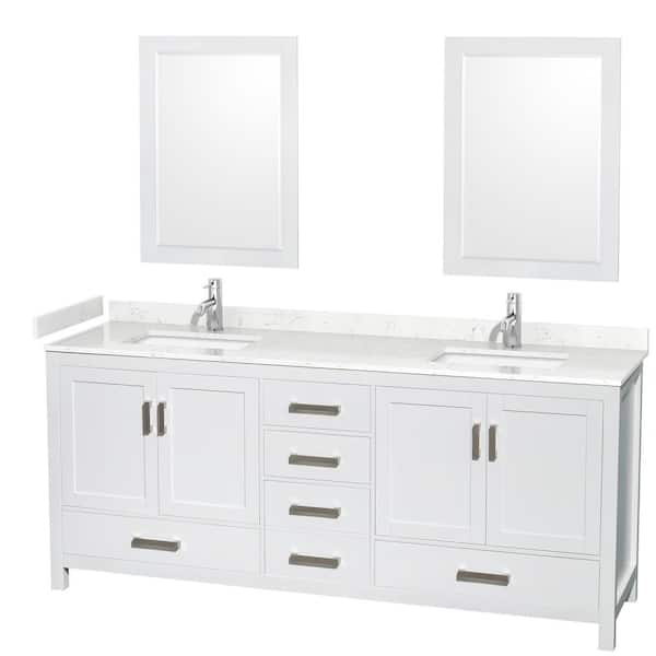 Wyndham Collection Sheffield 80 in. W x 22 in. D x 35 in. H Double Bath Vanity in White with Carrara Cultured Marble Top and 24" Mirrors