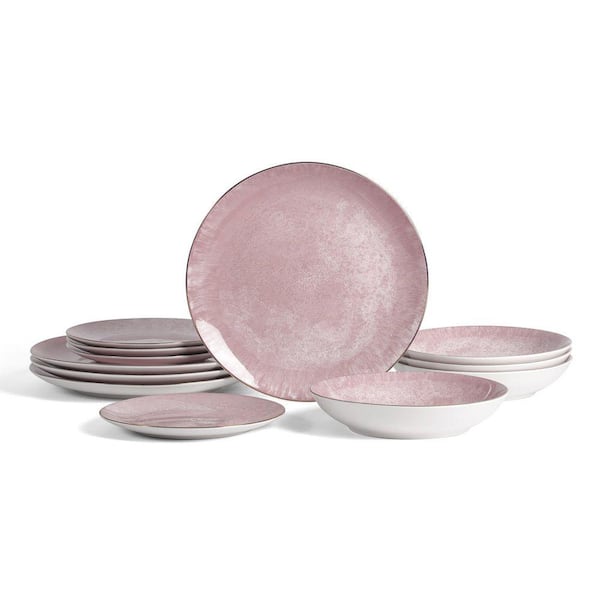 Onyx 12-Piece Pink and Gold Porcelain Full Set (Service for 4)