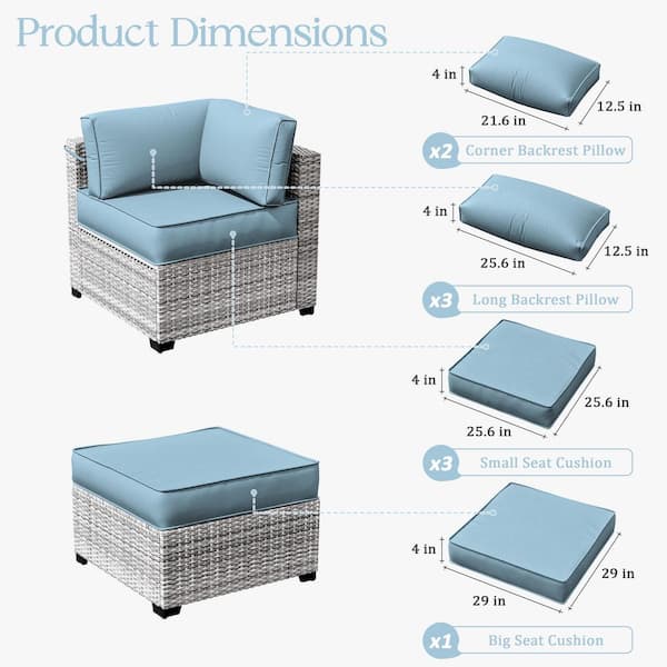 25.6 in. x 25.6 in. x 4 in. (9-Piece) Deep Seating Outdoor Lounge Chair Sectional Cushion Sky Blue