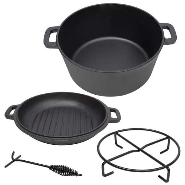 5 qt. 3 in 1 Cast Iron Dutch Oven Cover as A Skillet w/ Ribbed Bottom Design w/ 1-Piece Iron Pot Rack 1-Piece Lid Lifter