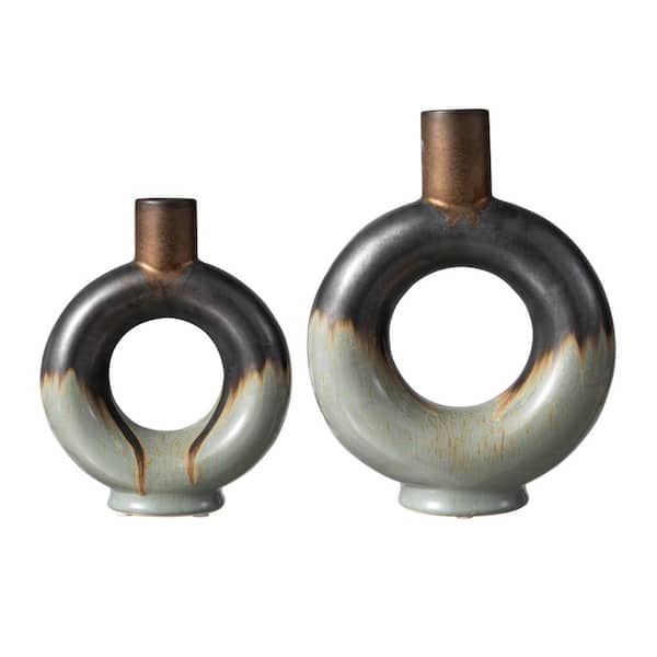 Modern 2-tone Color with Circle Hollow Ceramic Table Vases (Set of 2)