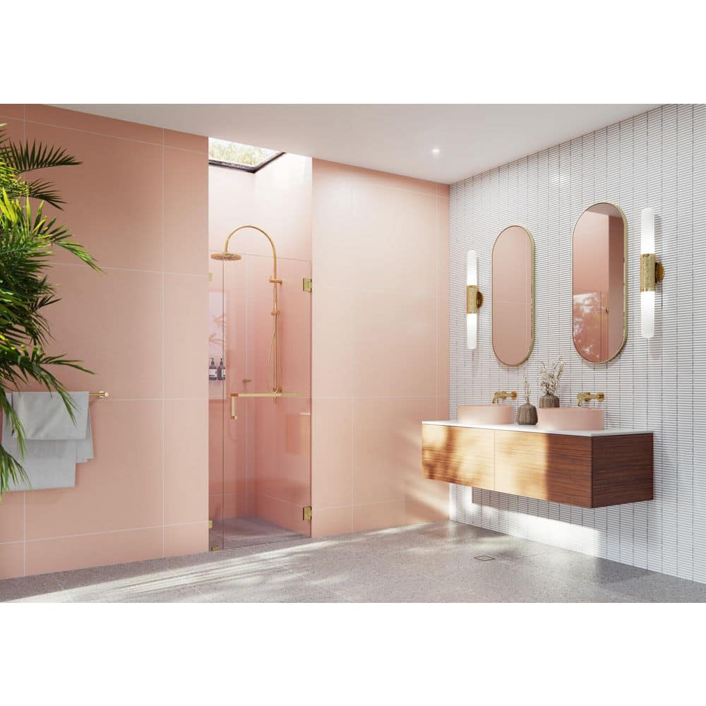 Polished Brass Frameless Glass Shower Door with Chrome Towel Bar