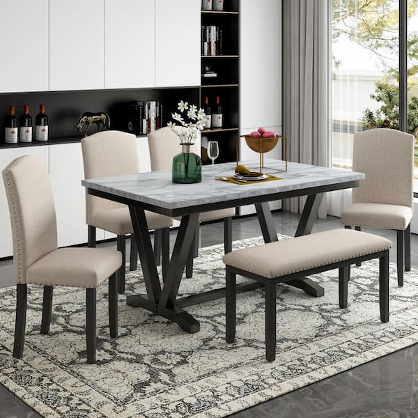 tentoonstelling Beschrijven En Harper & Bright Designs Modern Style 6-Piece White Marbled Top Dining Set  with V-Shaped Table Legs XW018AAK - The Home Depot