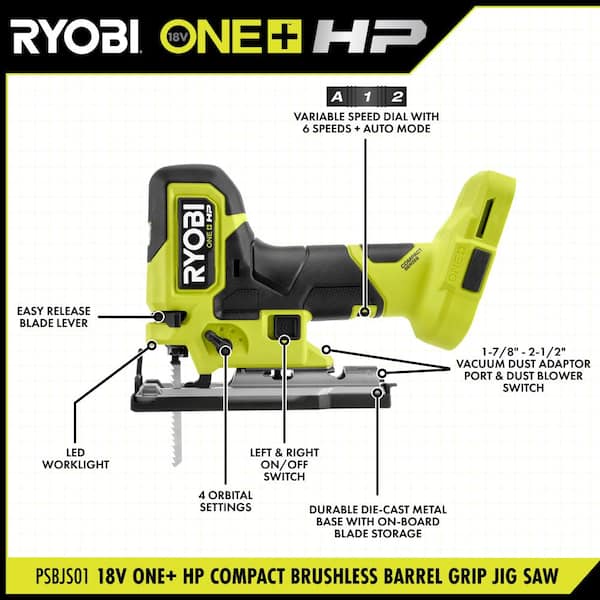 RYOBI - ONE+ HP 18V Brushless Cordless Compact Barrel Grip Jig Saw (Tool Only)
